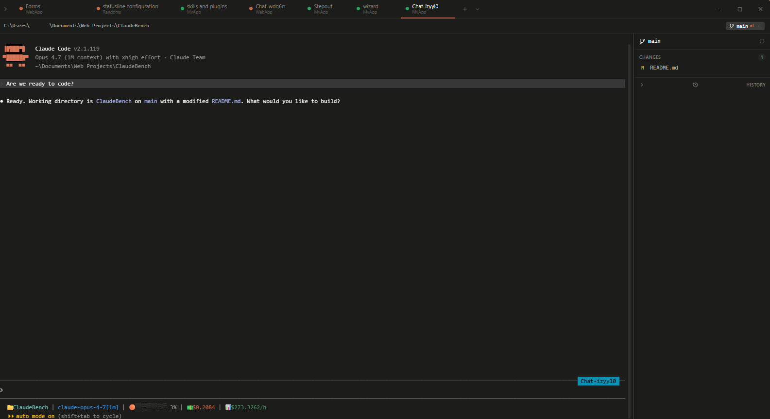 Claude Code session inside an xshell terminal tab with the inline git panel