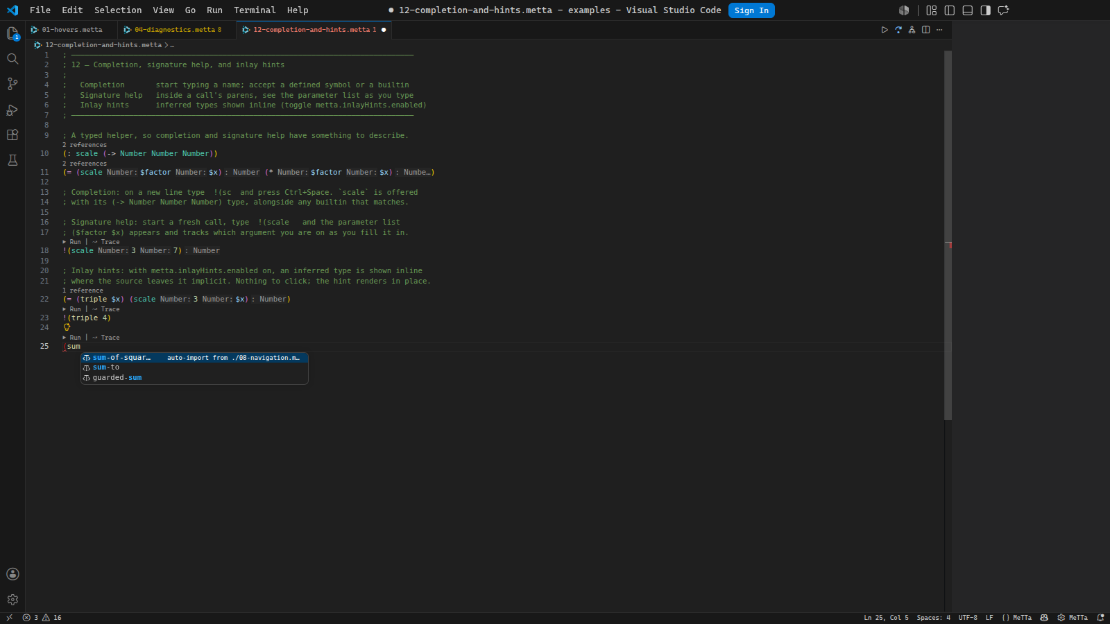 Typing (sum offers sum-of-squares with an auto-import from another module, sum-to, and guarded-sum