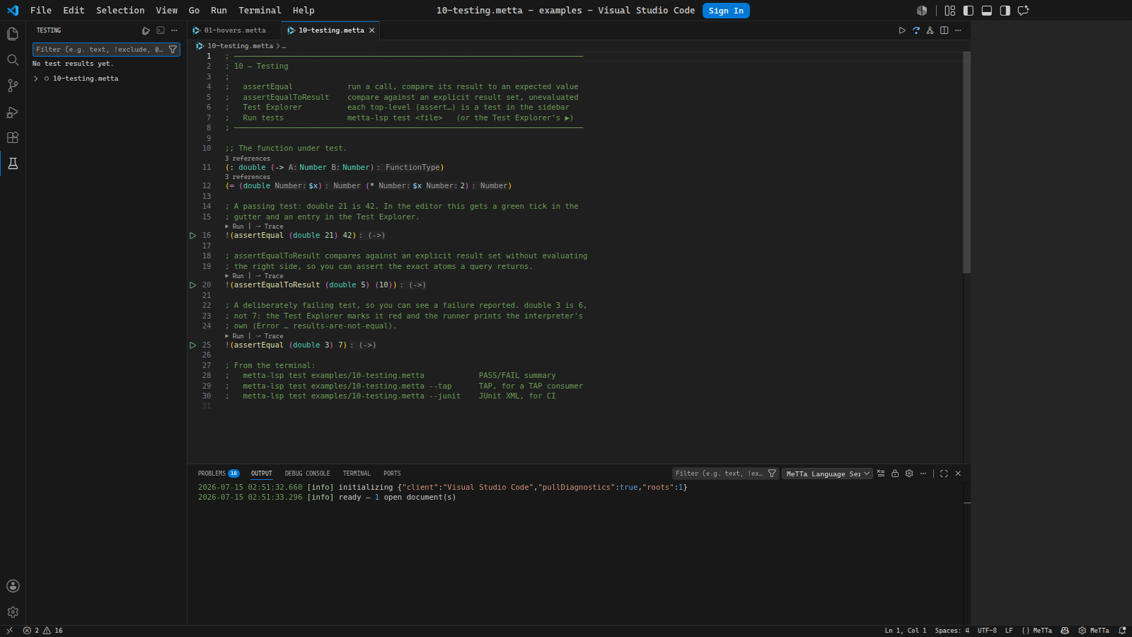 The Test Explorer listing 10-testing.metta and green run-test icons in the editor gutter beside each assert form