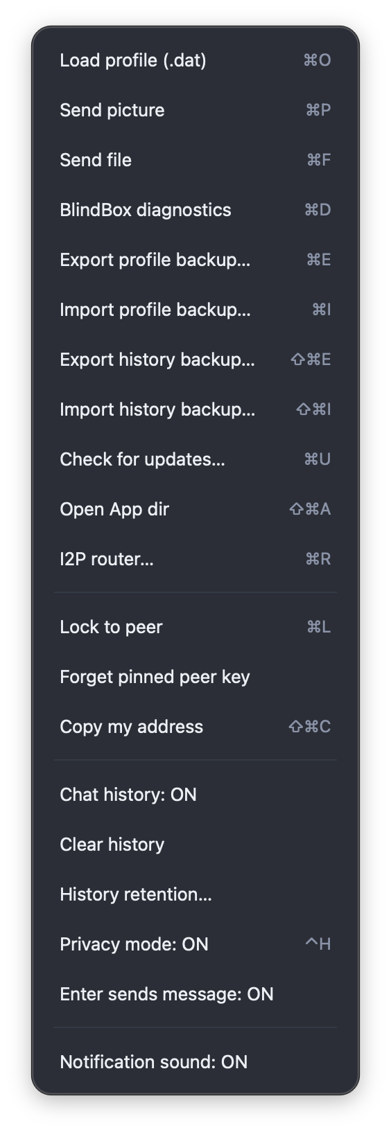 More actions menu (⋯): load profile, send picture/file, BlindBox diagnostics, profile and history backup, lock and trust, history and privacy, notification toggles