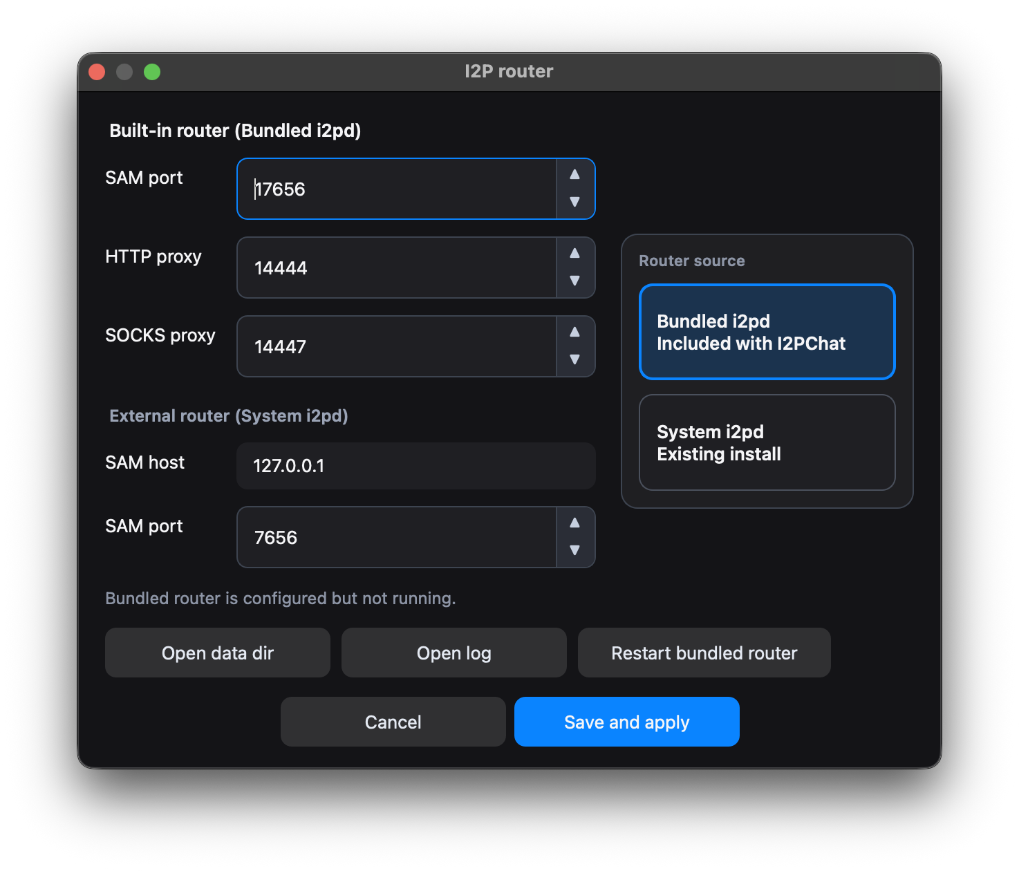 I2P router dialog: choose system or bundled i2pd backend, adjust ports, open router paths, restart bundled router
