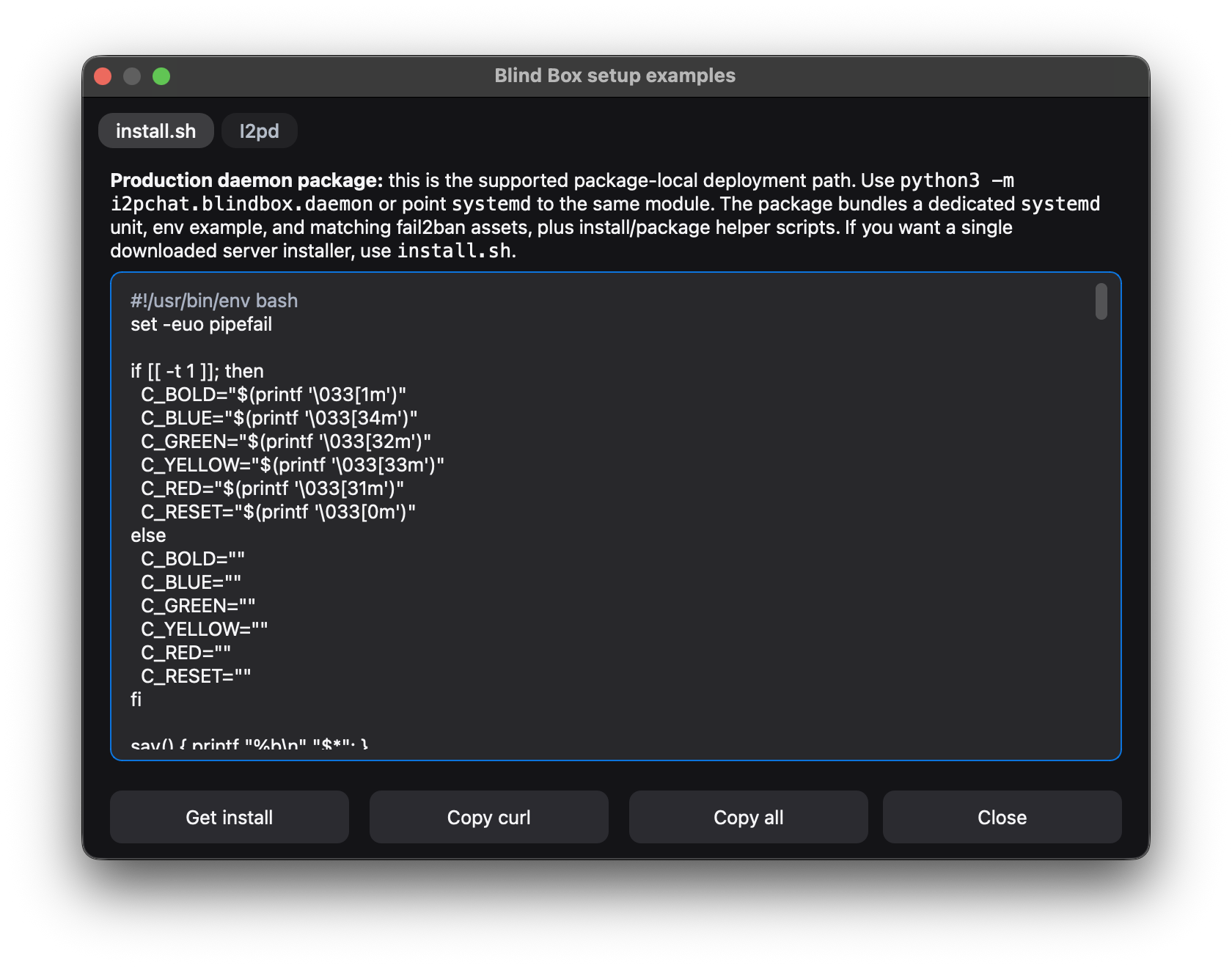 Blind Box setup examples: install.sh tab, Get install and Copy curl for custom replica deployment