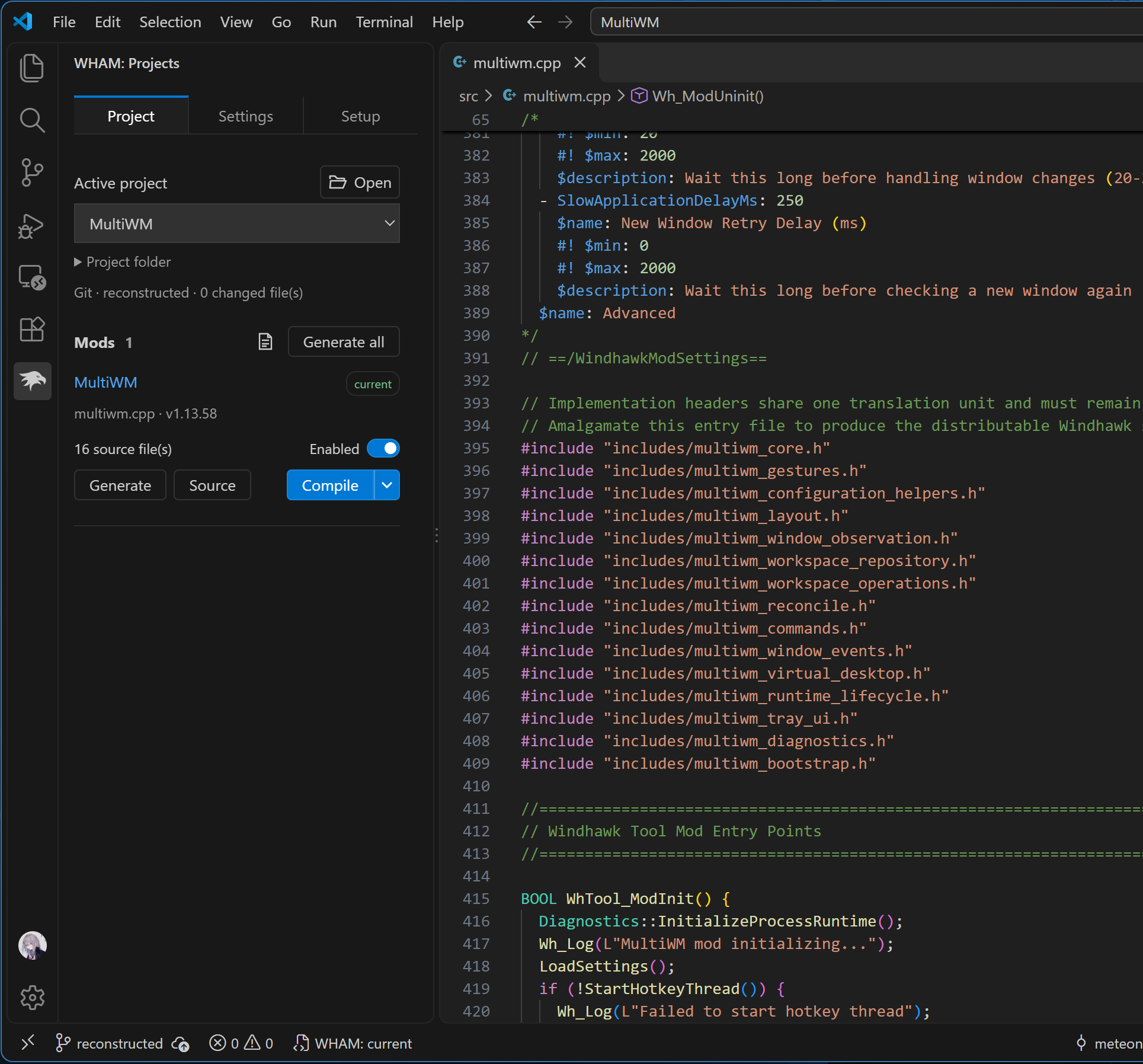 WHAM's project sidebar beside a Windhawk mod with Markdown syntax highlighting