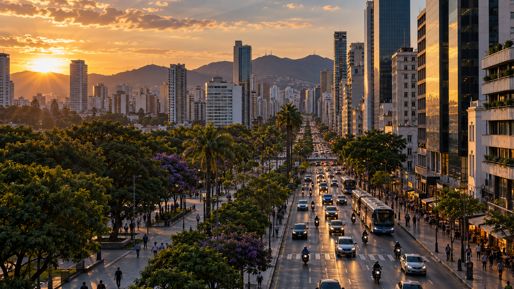 Cidade ao pôr do sol, conectando negócios e pessoas