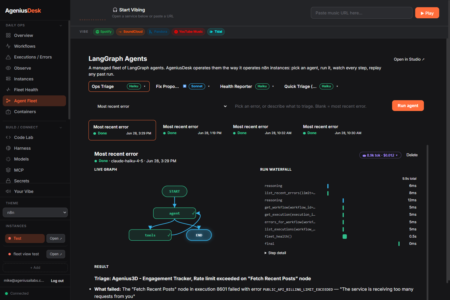 Managed LangGraph and PydanticAI agents: catalog, live graph, run waterfall, and human-in-the-loop