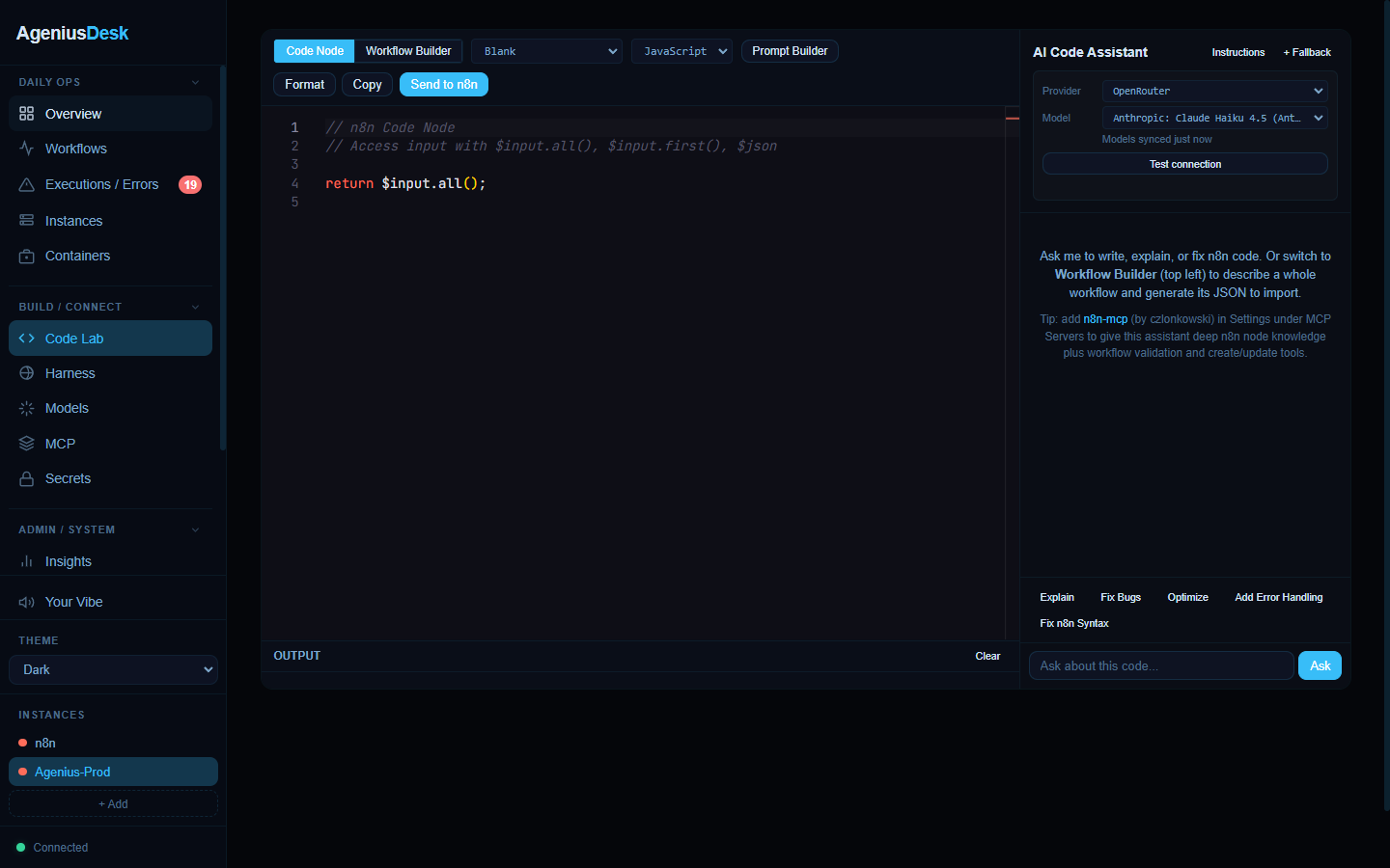 Monaco editor with AI code assistant and Send to n8n