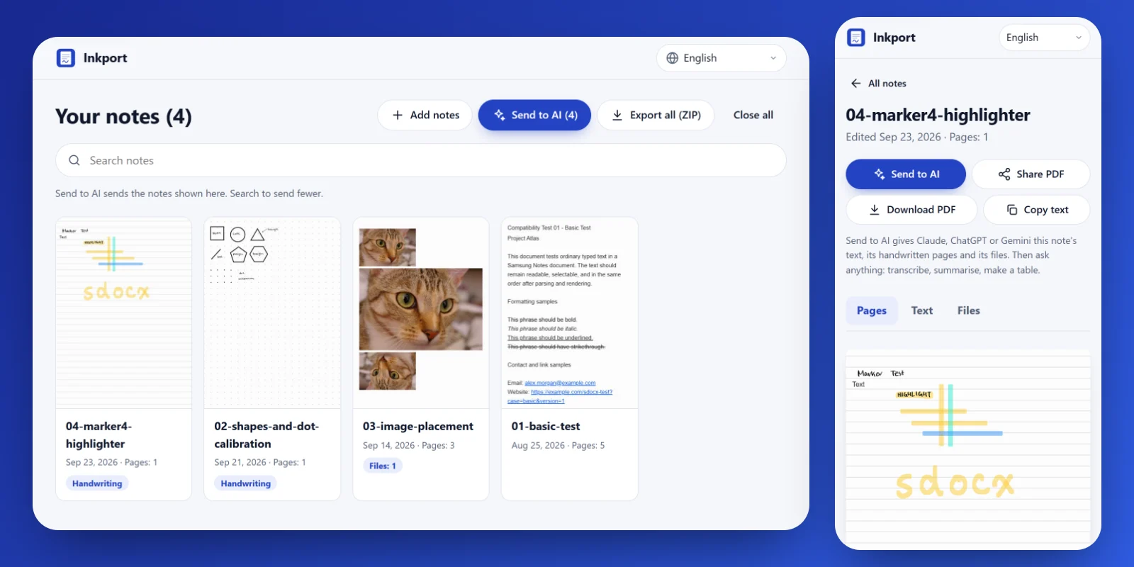 Inkport in a browser: a library of Samsung Notes with page previews, and a handwritten page on a phone