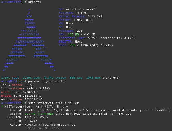 Screenshot of a terminal with archey3, pacman package list and systemctl status MiSTer
