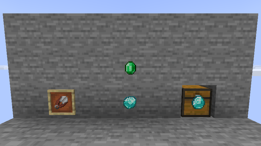 UnseenFrames in game: an ordinary frame, two hidden frames showing only their items, and a hidden frame on a chest
