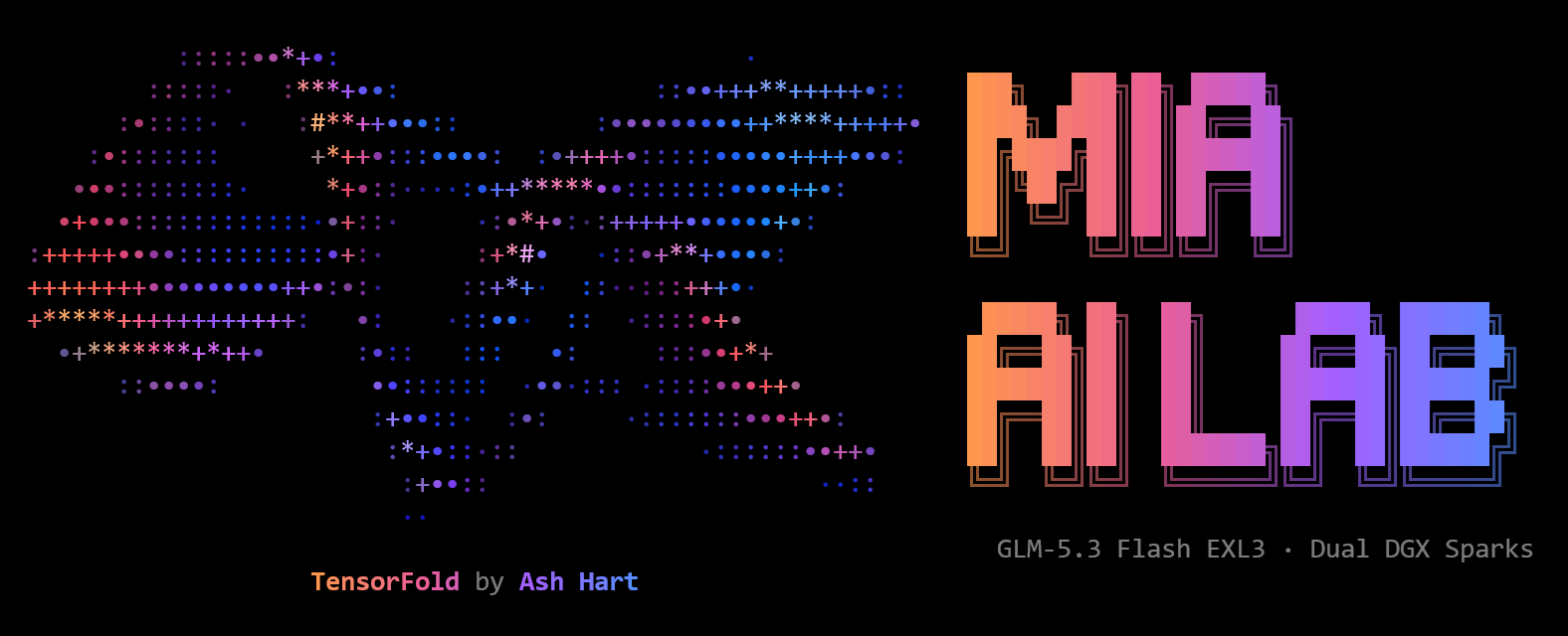 start.sh banner: TensorFold ribbon and MIA AI LAB, GLM-5.3 Flash EXL3 · Dual DGX Sparks