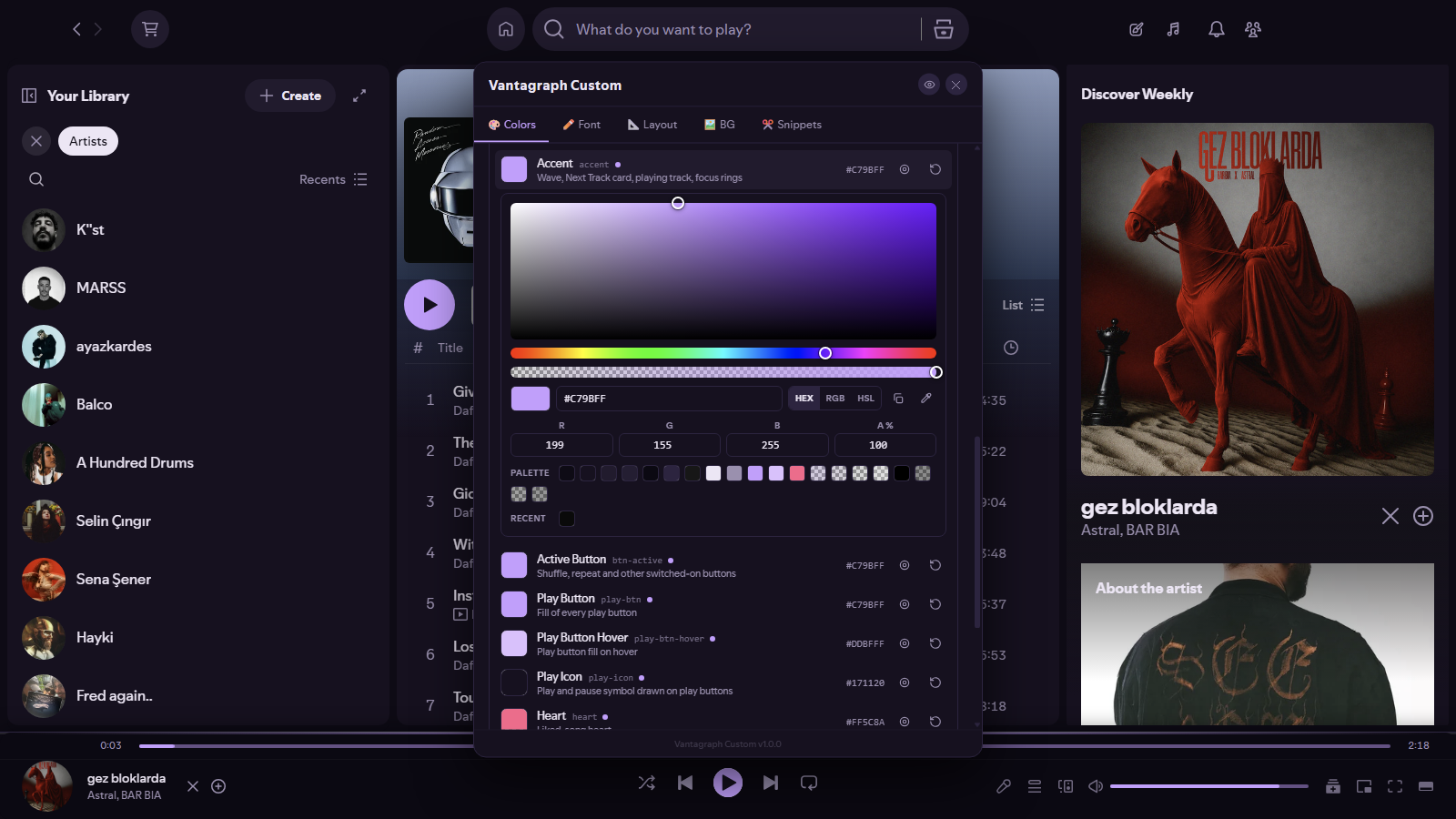 The colour editor open inside Spotify: colour field, hue and opacity strips, HEX, RGB and HSL input, and palette swatches