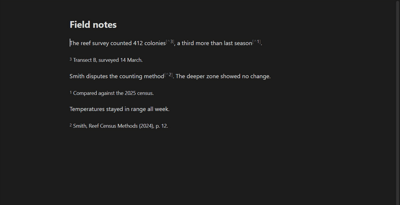 Lint footnotes: references move past punctuation, numbering follows the text, definitions gather at the bottom