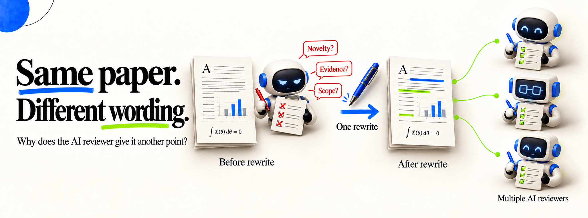 An AI reviewer questions a paper; after a wording rewrite, reviewers respond more favorably to the same scientific content.
