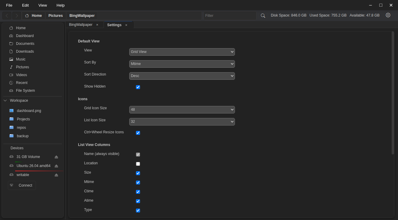 Settings view