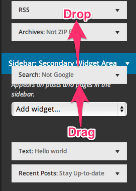 Widgets are be rearranged by drag-and-drop, and widgets can be assigned to other sidebars by dragging them over