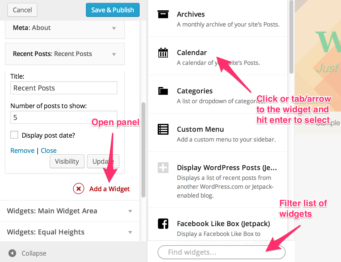 Browse available widgets to add via a panel that slides out