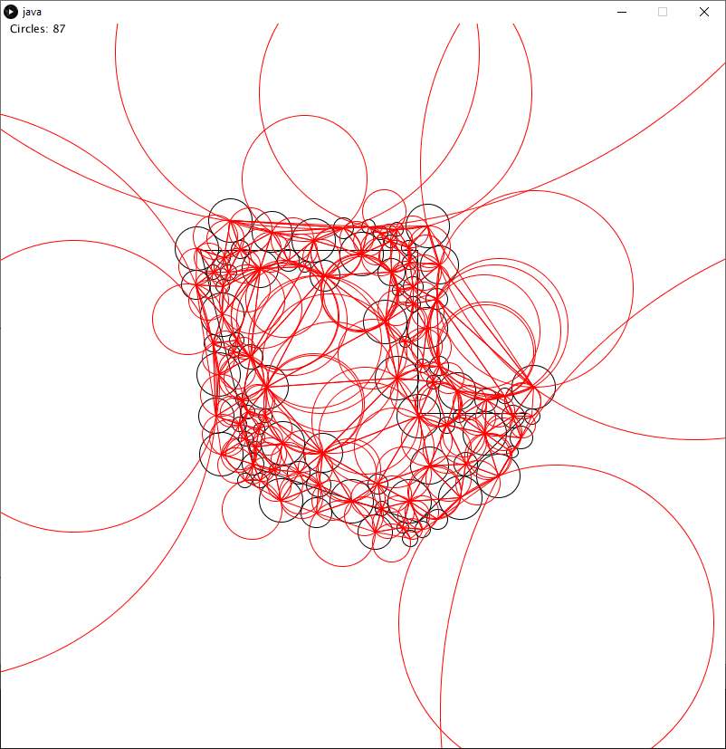 A Delaunay Triangulation of a set of a circle packing of a shape, with the circumcircle of each triangle overlayed on top.