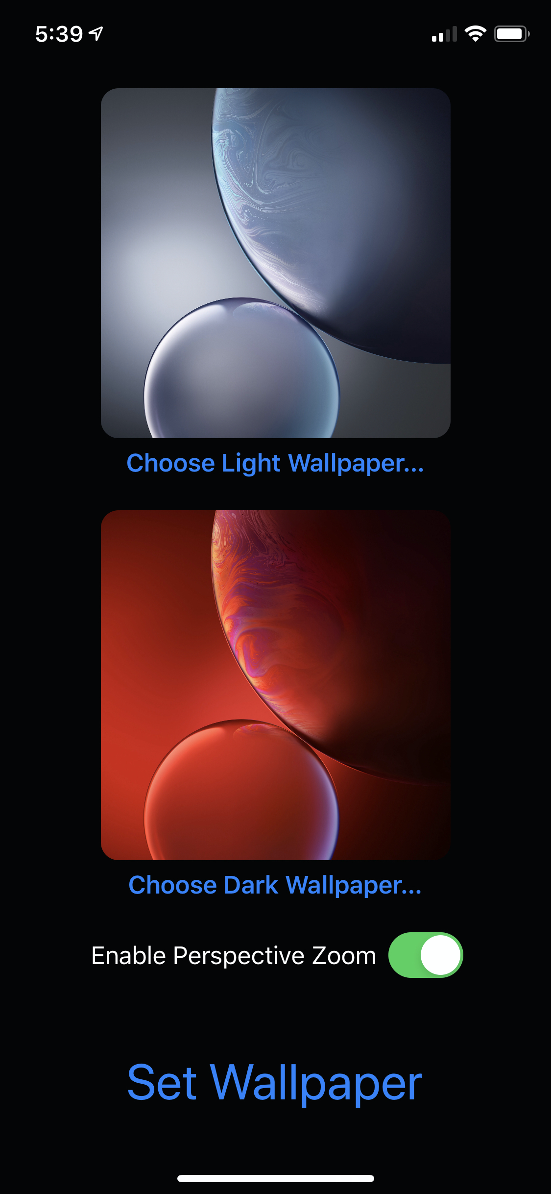 App with light and dark wallpapers ready to be set
