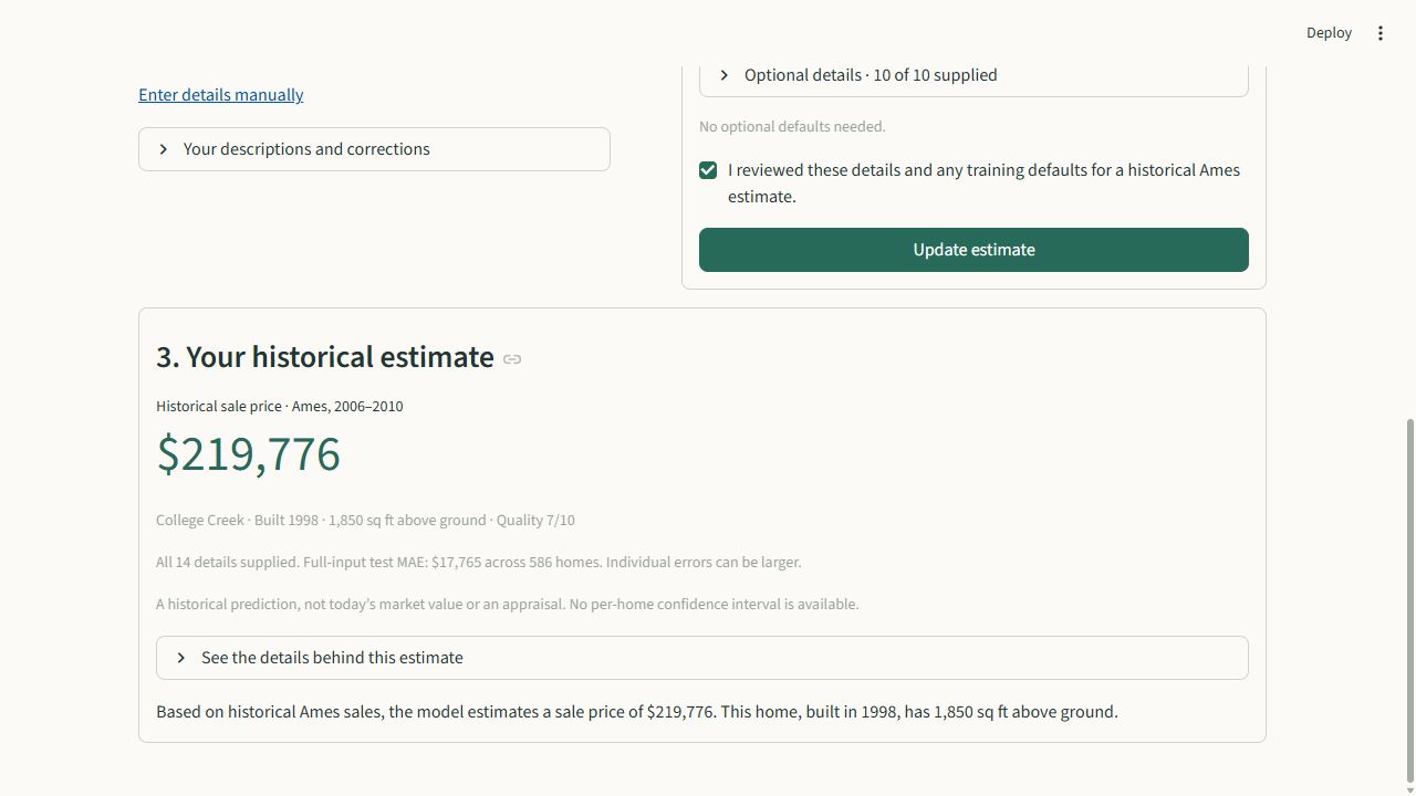 Ames Home-Price Lab showing a historical estimate of $219,776 and its explanation