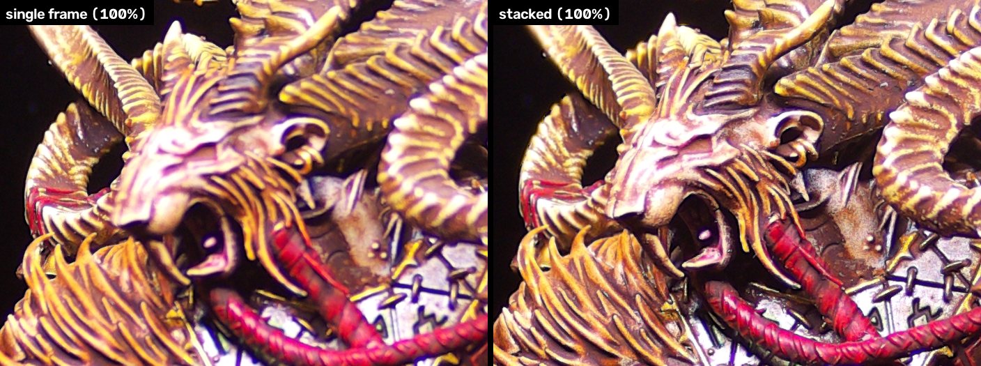 Verminlord head at 100%: single frame versus stacked