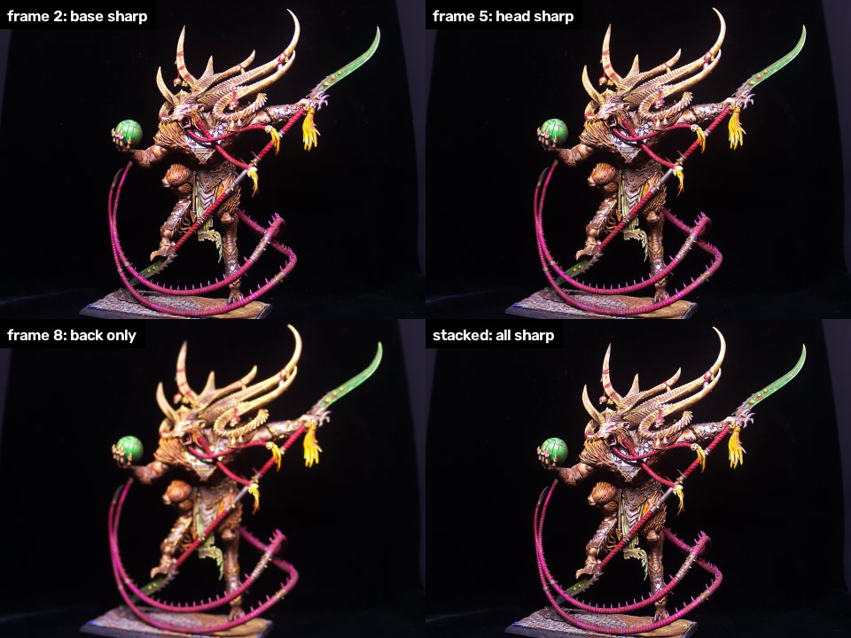 Verminlord source frames 2, 5 and 8 next to the stacked result
