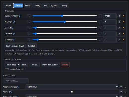 Camera — most-used controls on top, ⓘ on every setting