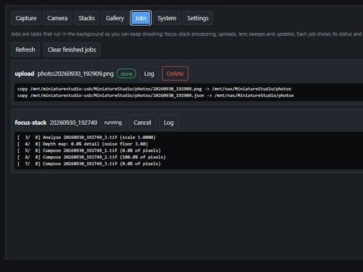 Jobs — stacking and uploads in the background