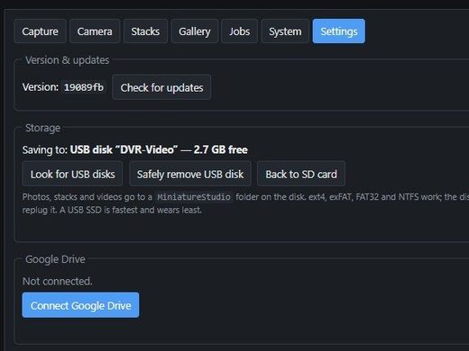 Settings — updates, USB disk, Google Drive, NAS