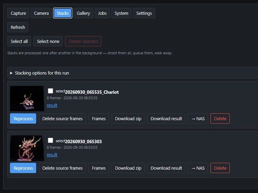 Stacks — queue, reprocess, download, upload