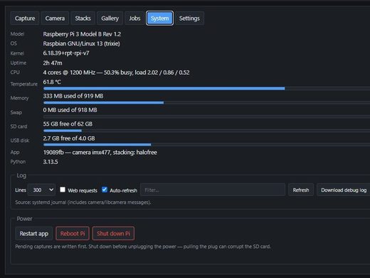 System — Pi stats, logs, reboot / shut down