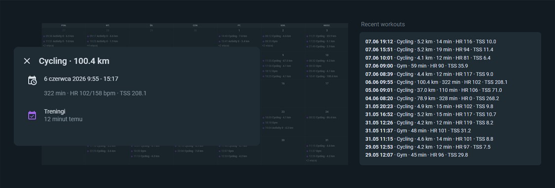 Suunto workouts calendar and recent activities list