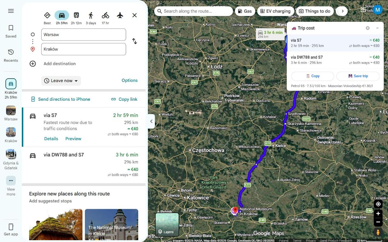 Tankful in Google Maps: fuel cost next to every route option and a trip cost panel
