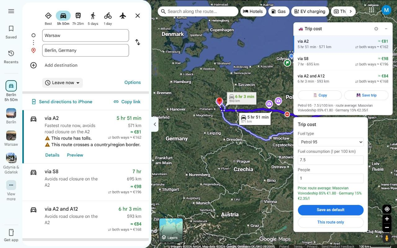 A trip from Warsaw to Berlin: the price is weighted between Poland and Germany