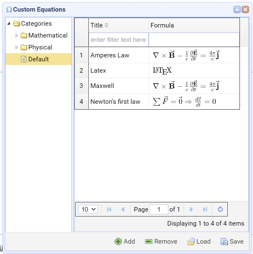 Custom Equations Dialog with Categories Tree