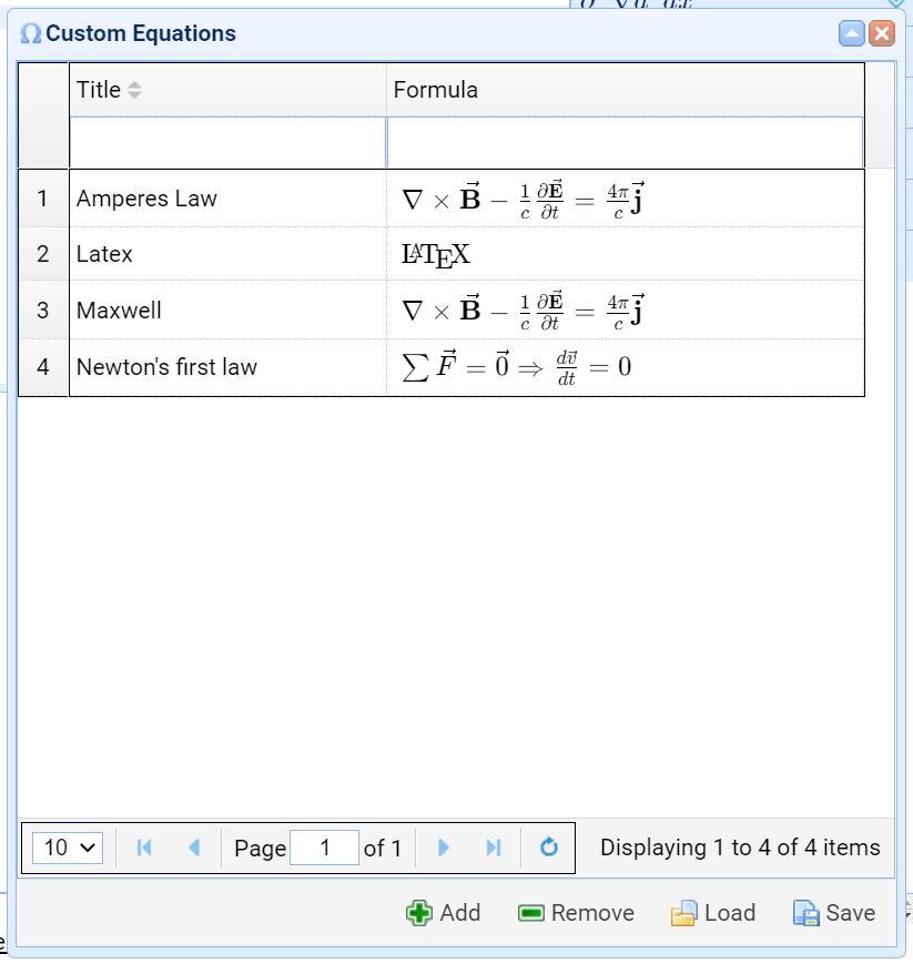 Custom Equations Dialog