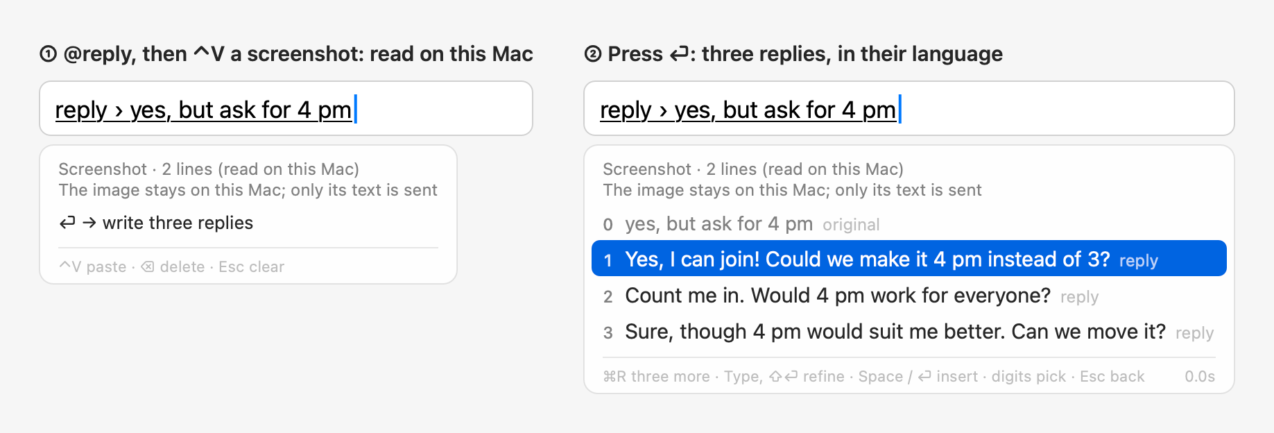 @reply, then ⌃V a screenshot read on this Mac; ⏎ writes three replies
