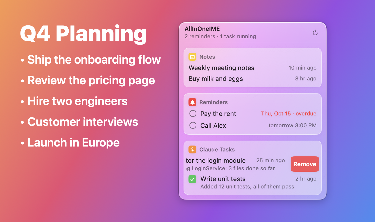 The menu bar panel over a colorful window: frosted glass, with notes, reminders and Claude tasks; a row swiped left shows its Remove button