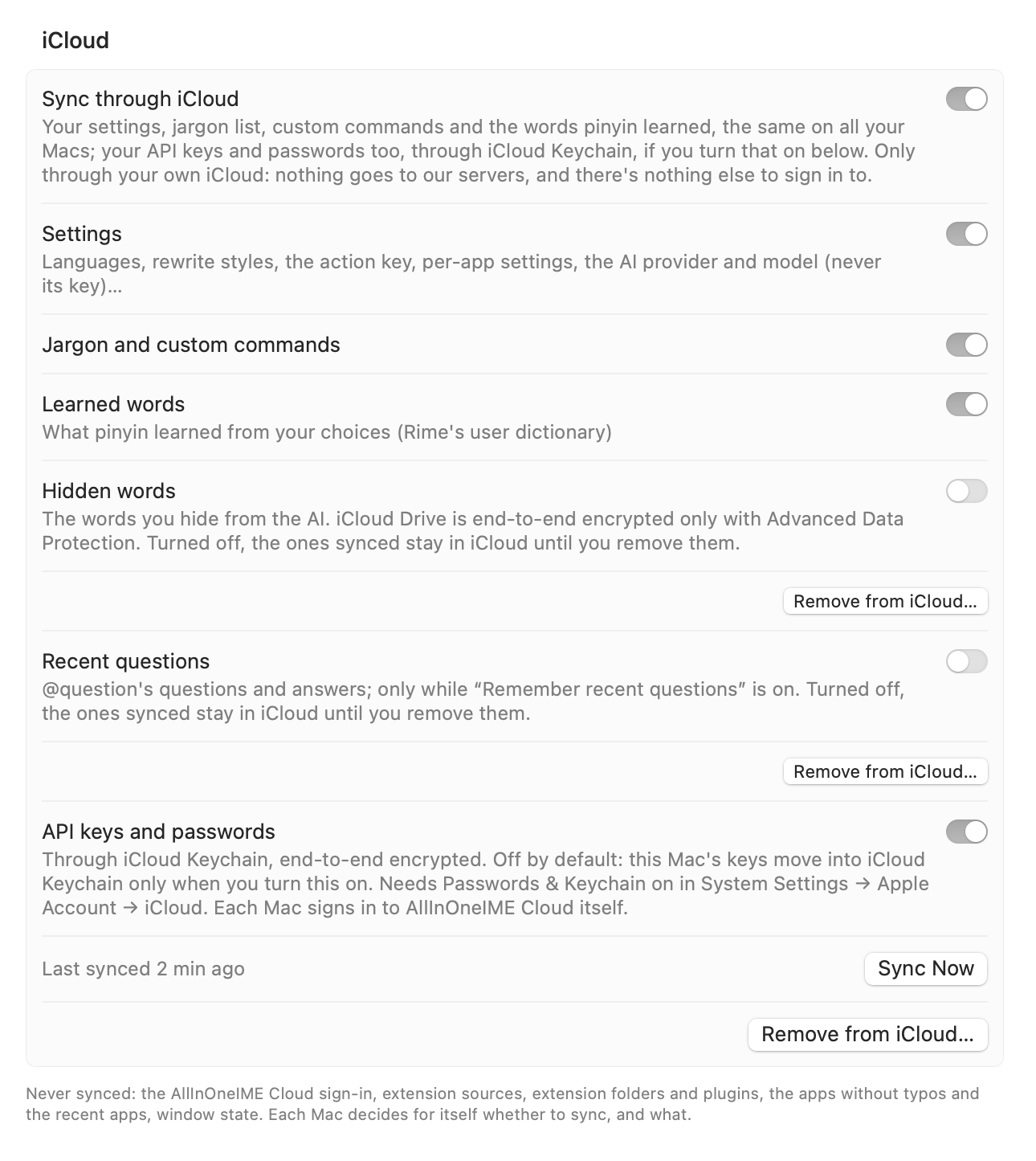 Settings → General → Sync through iCloud, with a switch for each part