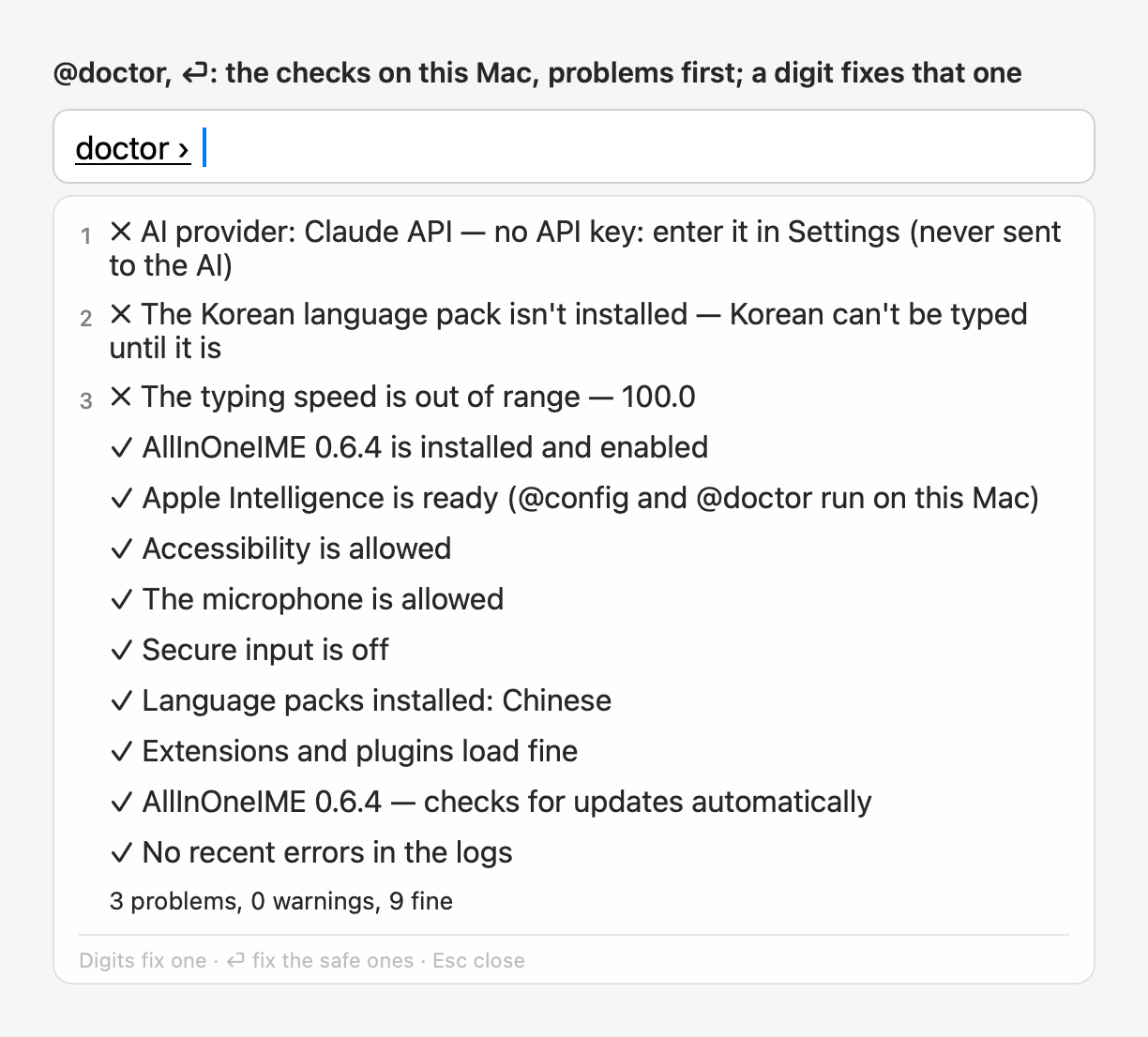 @doctor: three problems with a numbered fix each (no API key, a language pack missing, a typing speed out of range), then the checks that are fine