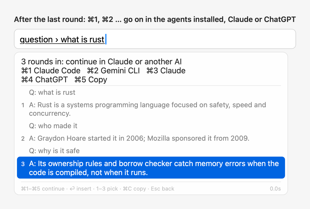 A three-round @question conversation, then ⌘1 Claude Code, ⌘2 Gemini CLI, ⌘3 Claude, ⌘4 ChatGPT and ⌘5 Copy to carry it on