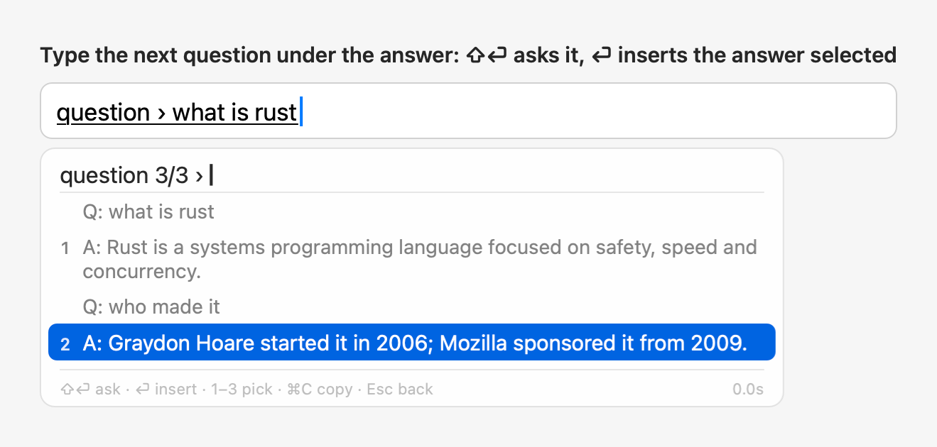 Round 3 of an @question conversation: the earlier rounds as Q / A rows, the next question's line on top, and the footer ⇧⏎ ask · ⏎ insert