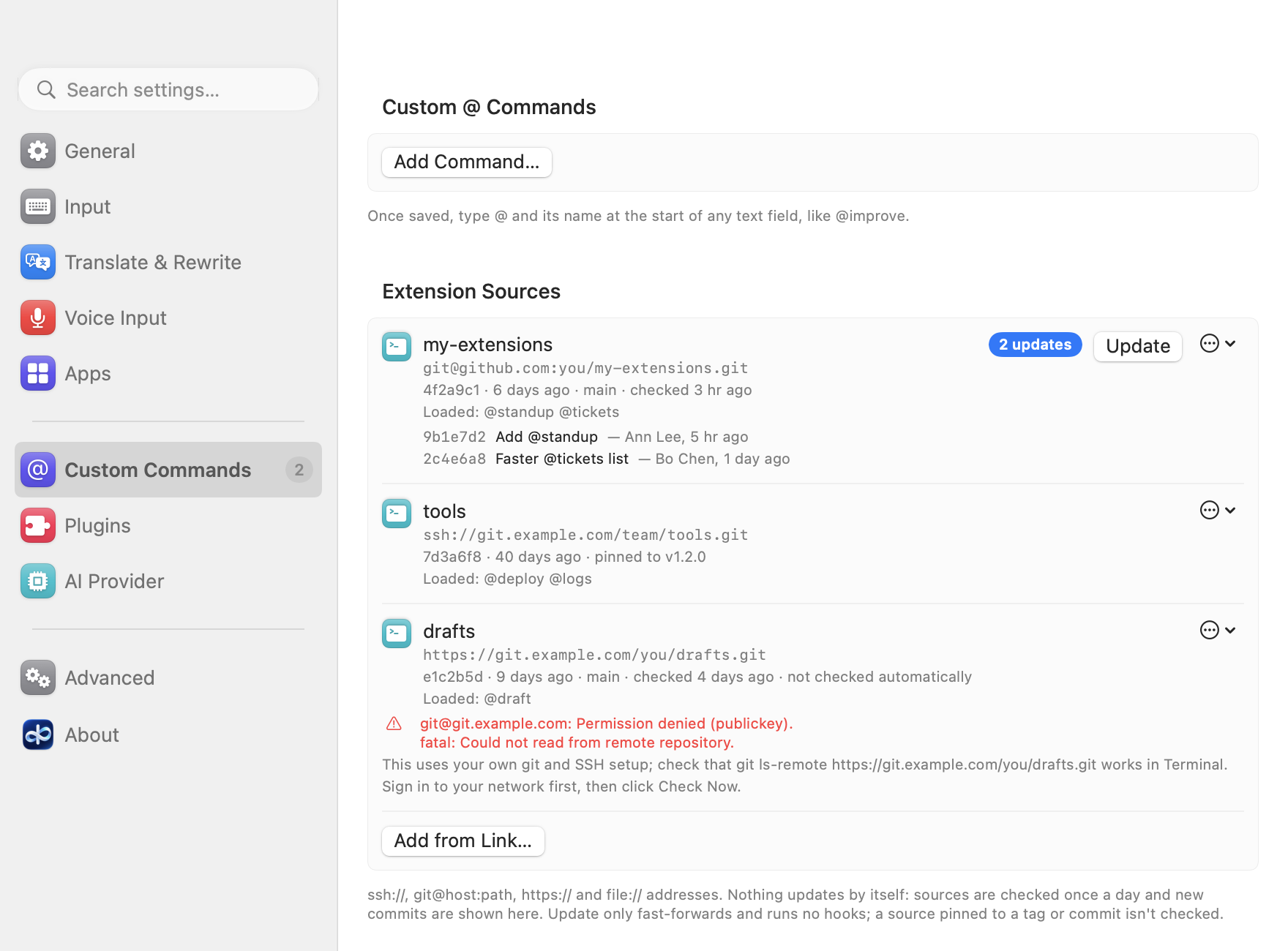Settings, Custom Commands: three sample extension sources, one with 2 updates waiting, one pinned to a tag, one with git's error
