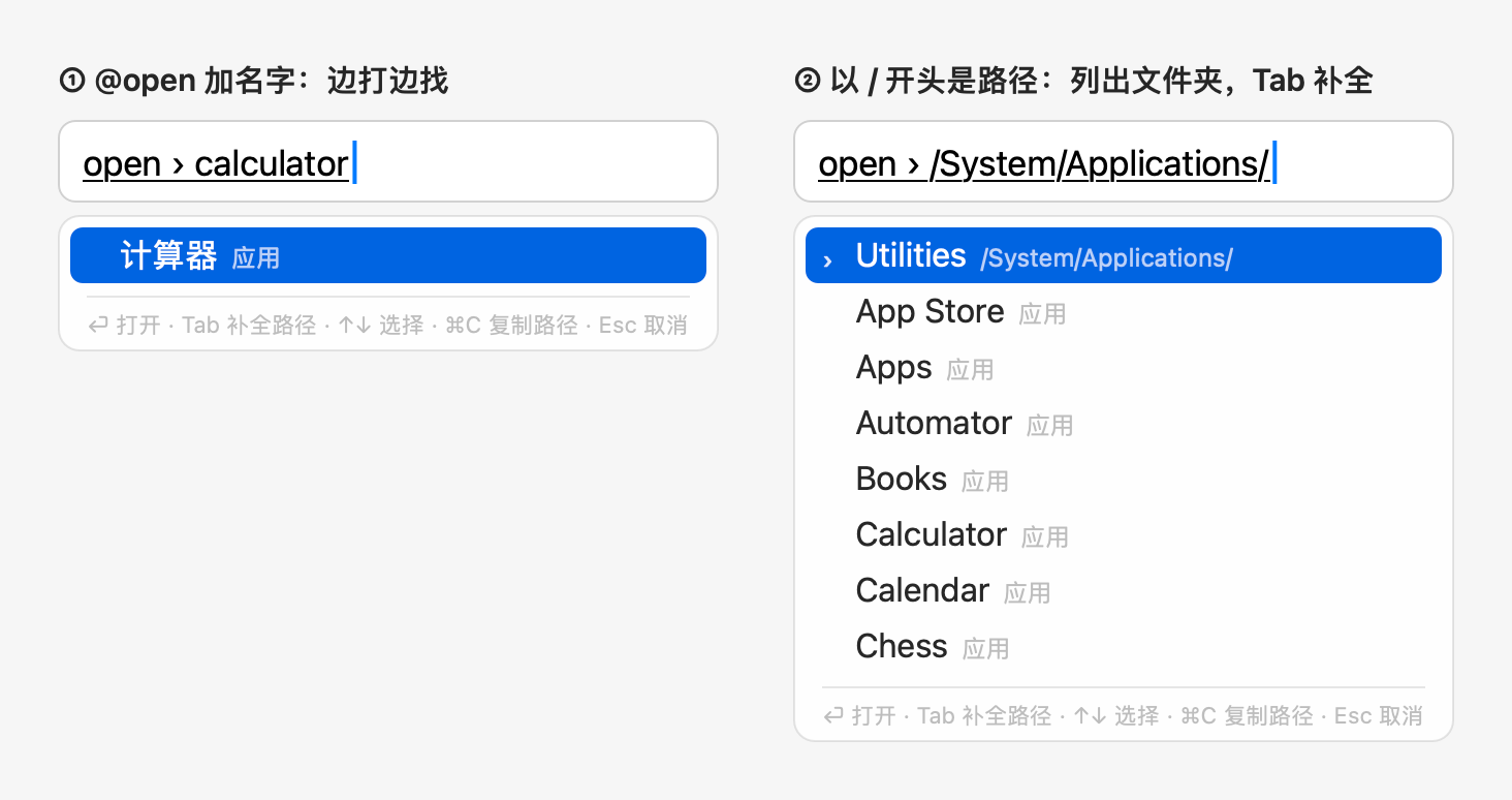 @open 边打边找 App；以 / 开头是路径，列出文件夹，Tab 补全