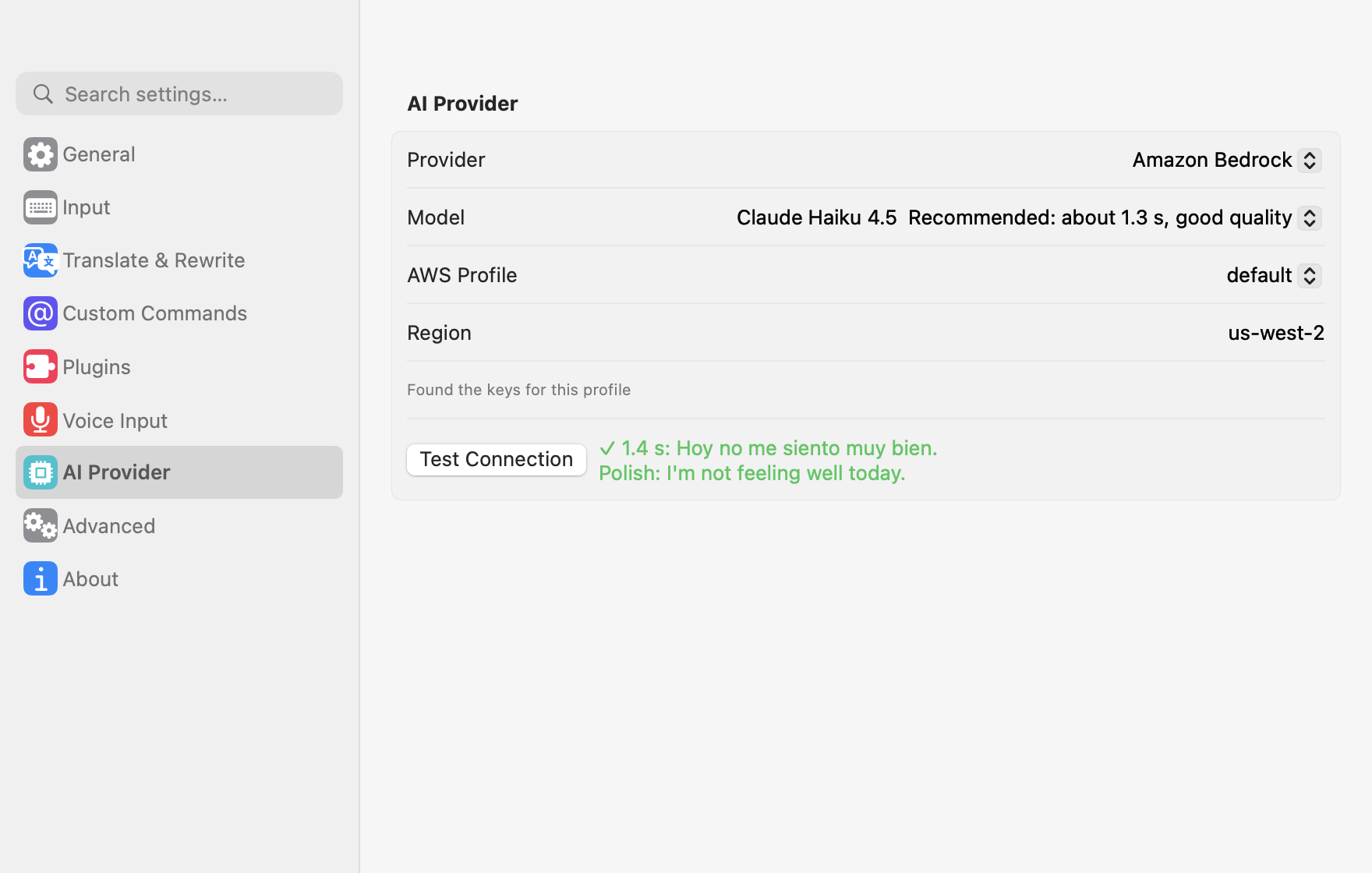 The settings window