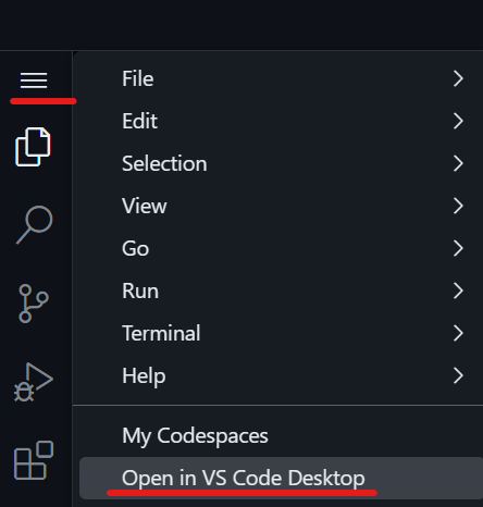 open codespace in VSCode menu option