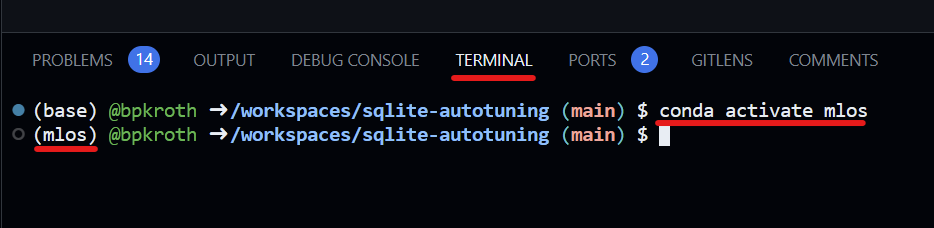 codespace terminal activating mlos conda environment