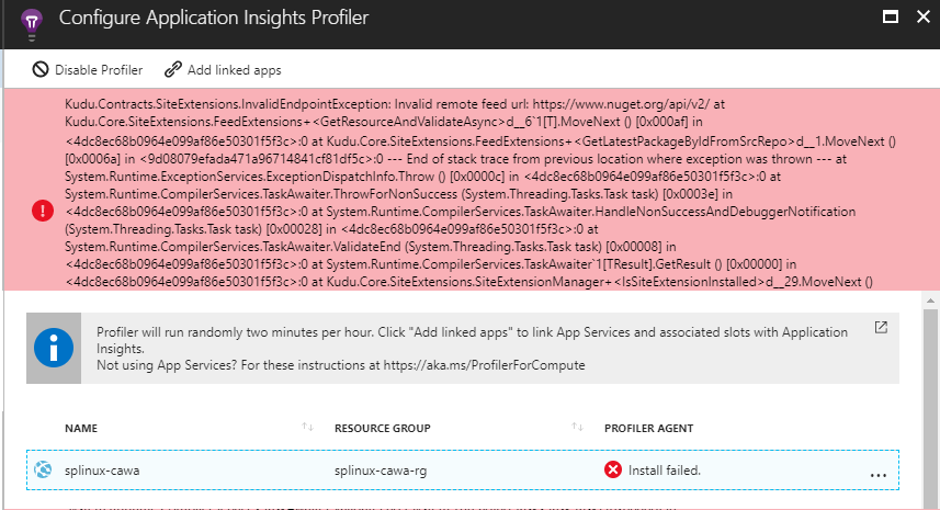 You don't need to enable the Profiler again in performance pane to make profiler work on Linux App Services