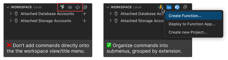 Group workspace view/title commands into submenus