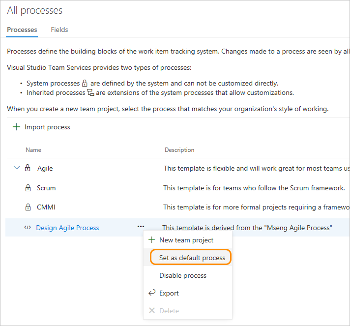 Process page, Set default process
