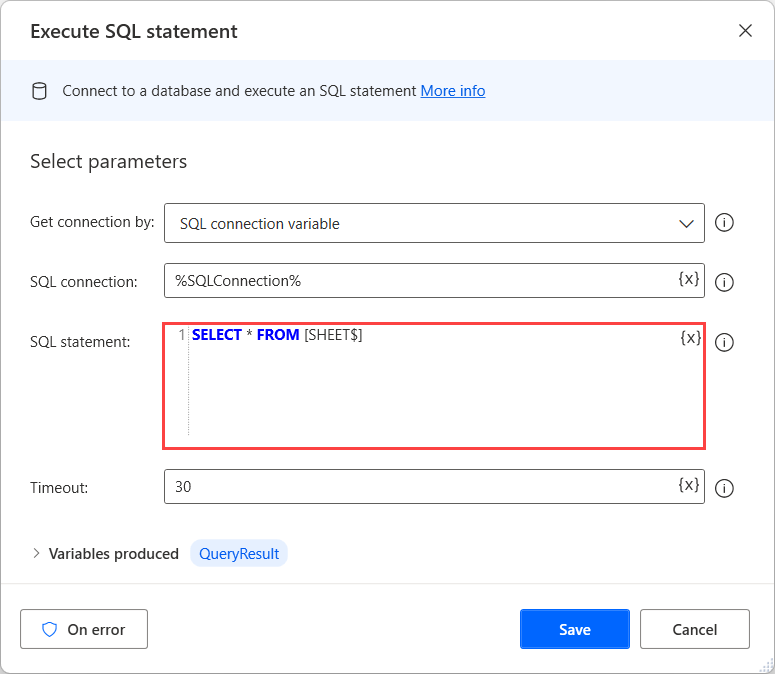 在“执行 SQL 语句”操作中填写 SELECT 查询。